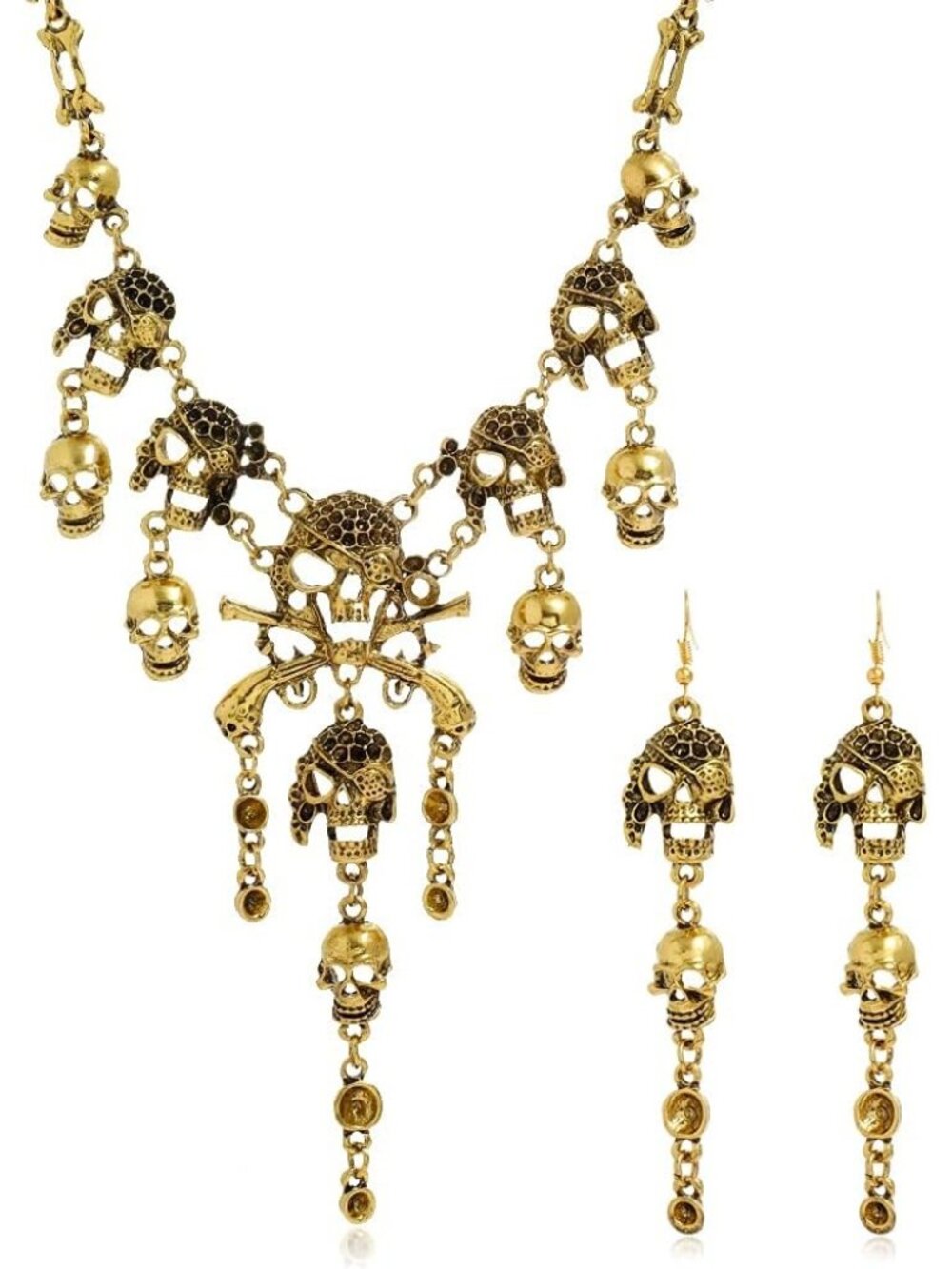 Women's Pirate Skull Tassel Necklace Earrings Set Punk Gothic Halloween